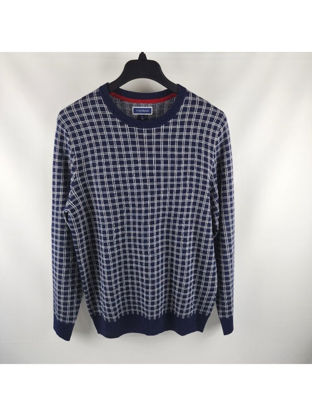 Club Room Sweater Mens Medium Blue Multi Check Merino Wool Blend Crewneck NWOT